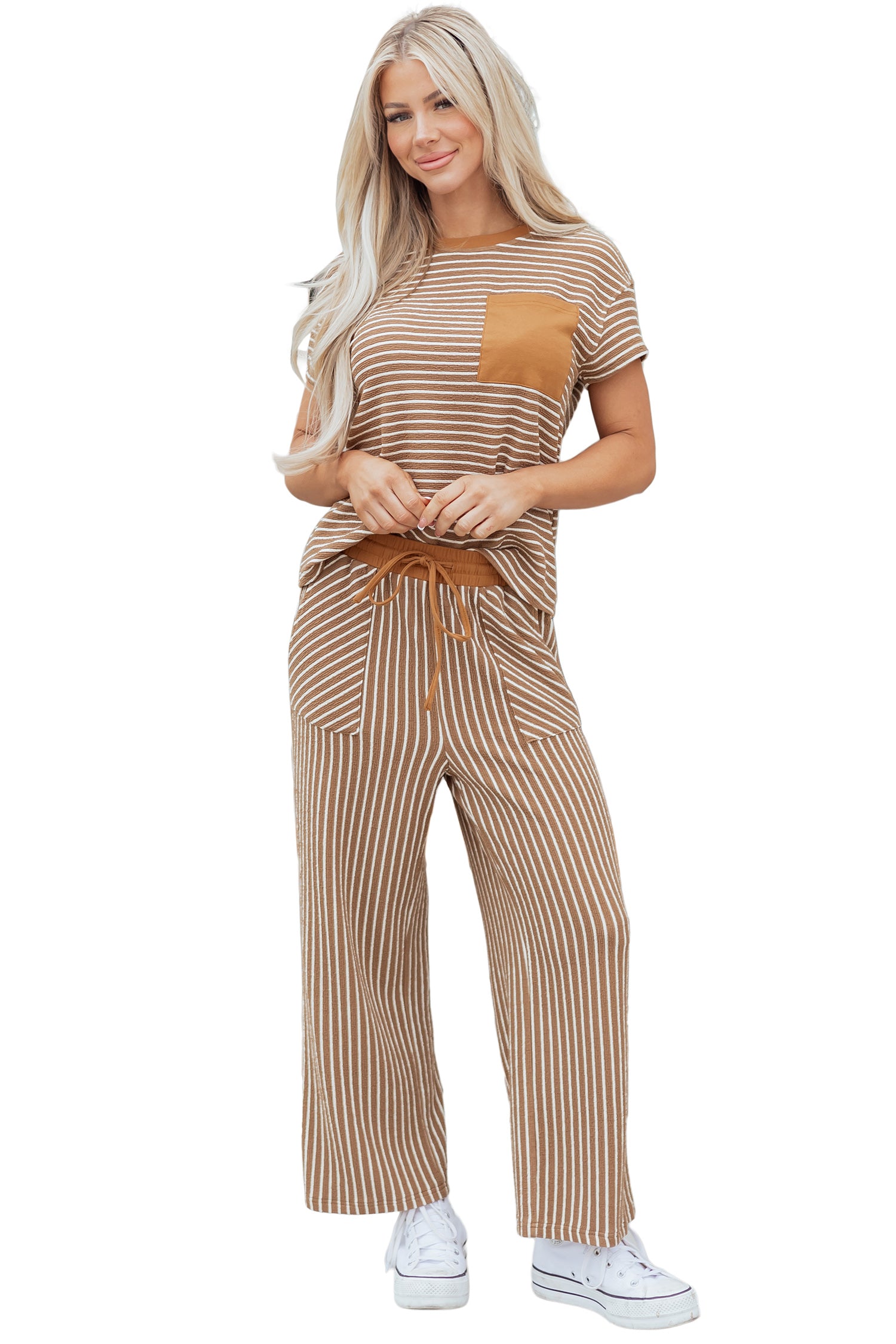 Stripe Crew Neck Tee & Drawstring Cropped Trousers Set | 4 Colours | Sizes 8-22