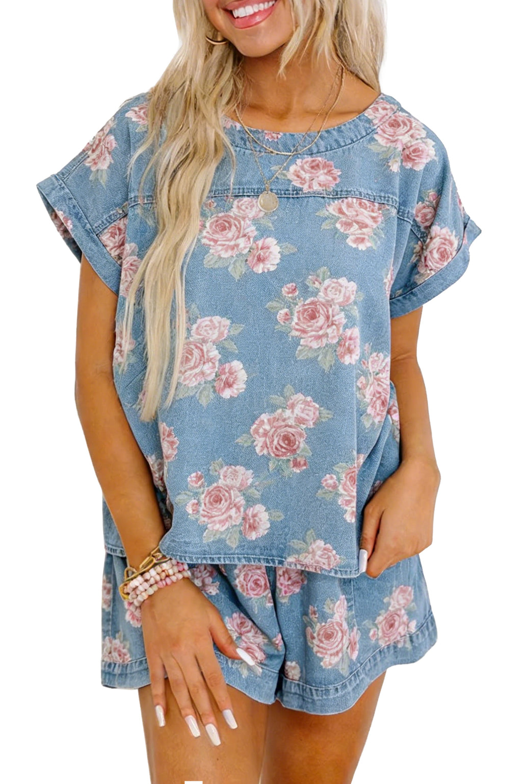 Sky Blue Floral Denim Short Sleeve Top & Loose Shorts 2pcs Set