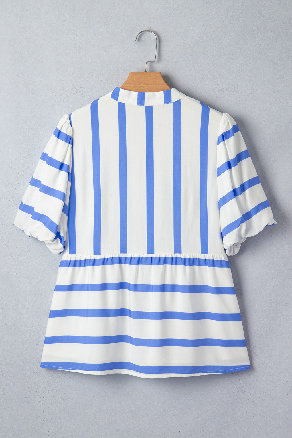 Women's Sky Blue Stripe Split V Neck Puff Sleeve Summer Blouse at LivelyLooks