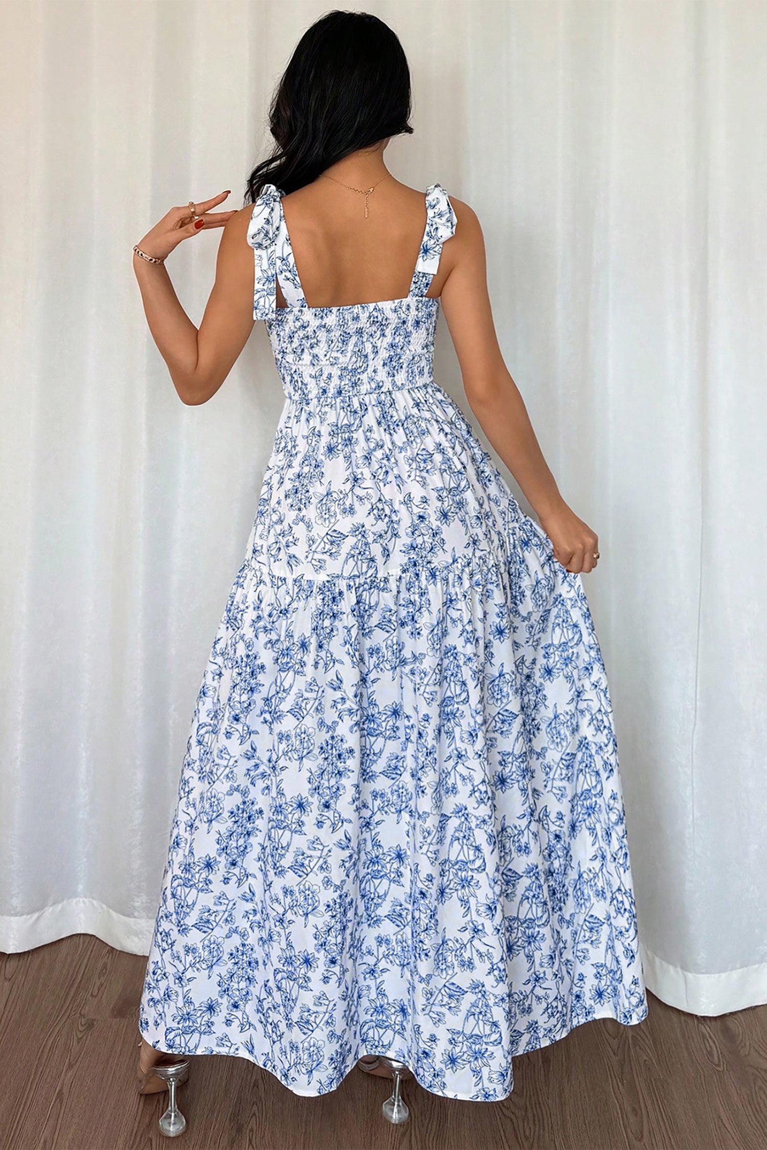 Sky Blue Floral Maxi Dress Knot Straps High Waist Flared Women S-XL