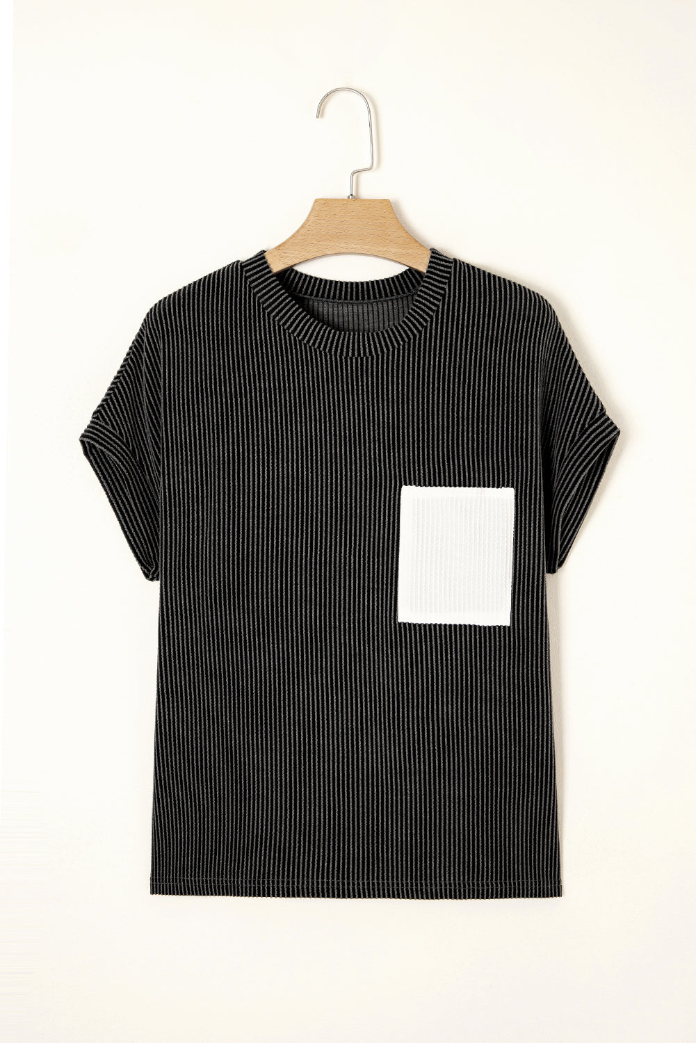Corded Rib Knit Colour Block Patch Pocket Crew Neck Tee | Pink Blue Grey