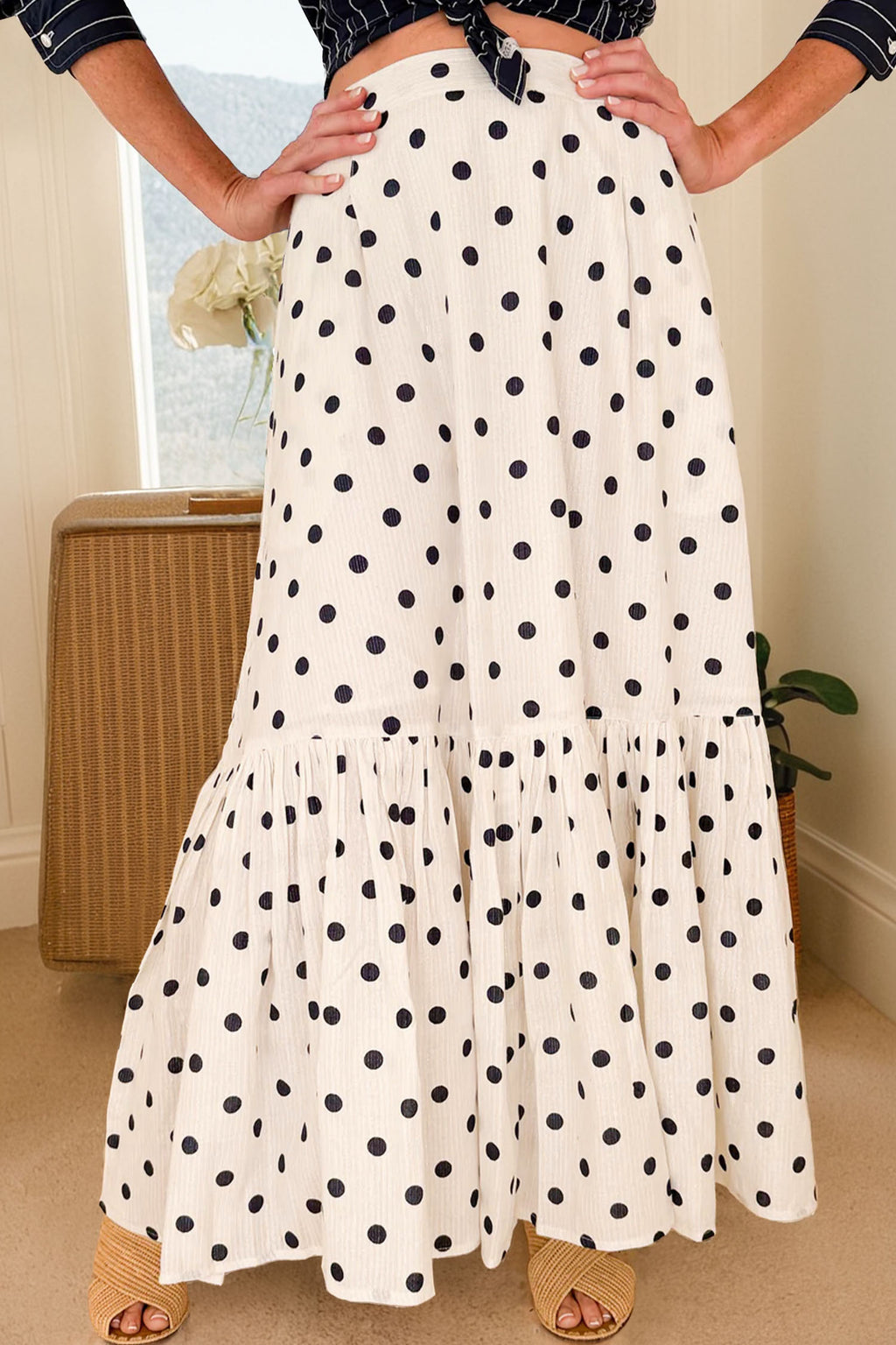White Polka Dot Ruffle Split Hem Maxi Skirt with Pockets