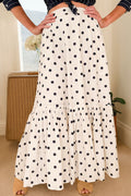 White Polka Dot Ruffle Split Hem Maxi Skirt with Pockets