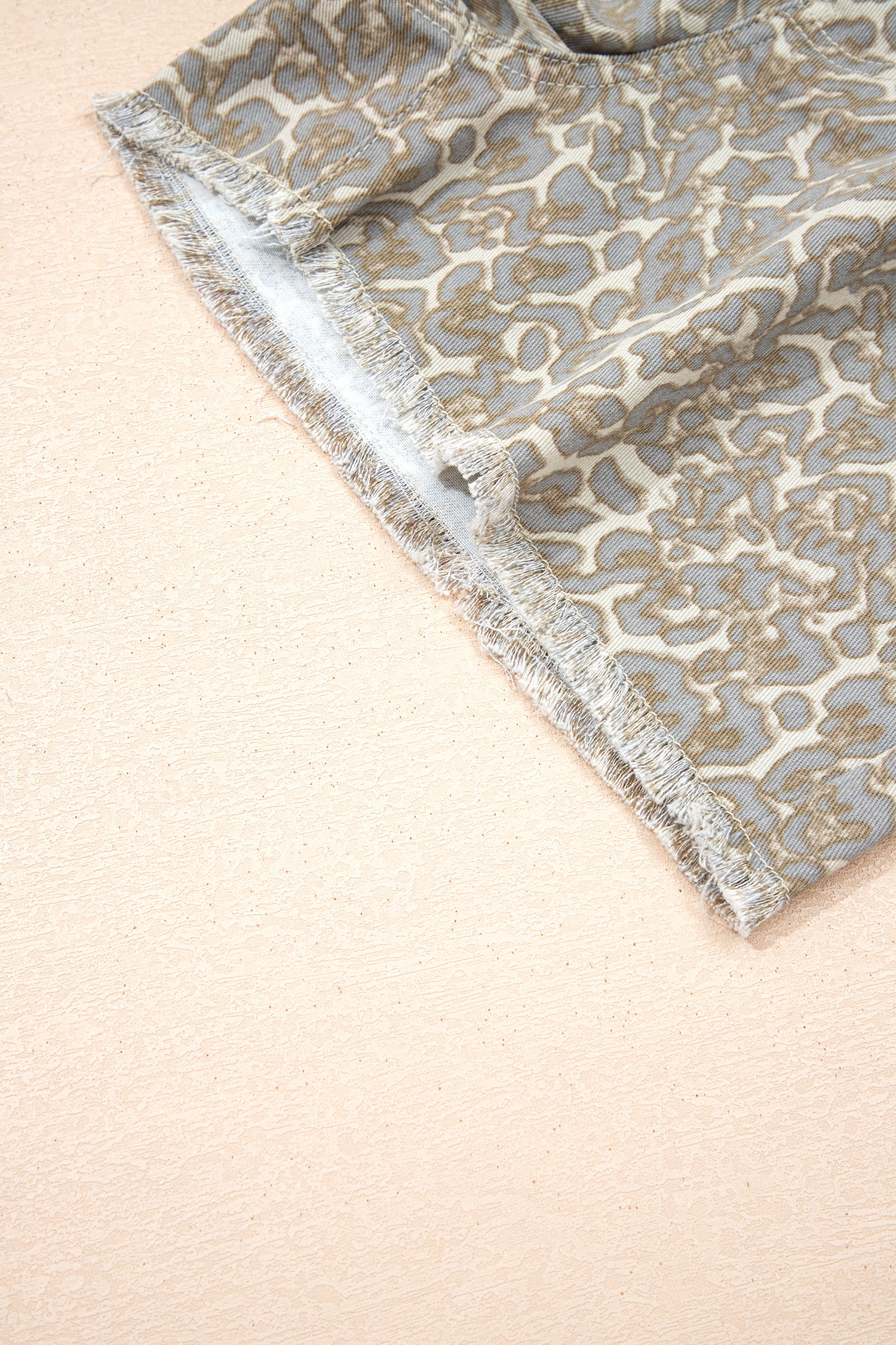 Khaki Raw Edge Leopard Print Denim Shorts | UK 8–20
