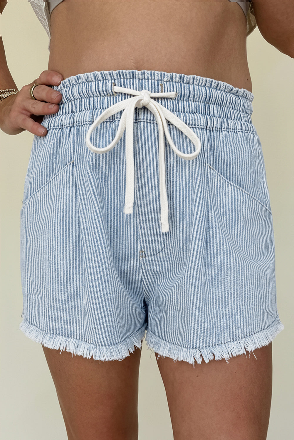 LivelyLooks Sky Blue Stripe Raw Edge Drawstring Elastic Waist Denim Shorts UK 8-20 women's fashion