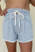 LivelyLooks Sky Blue Stripe Raw Edge Drawstring Elastic Waist Denim Shorts UK 8-20 women's fashion