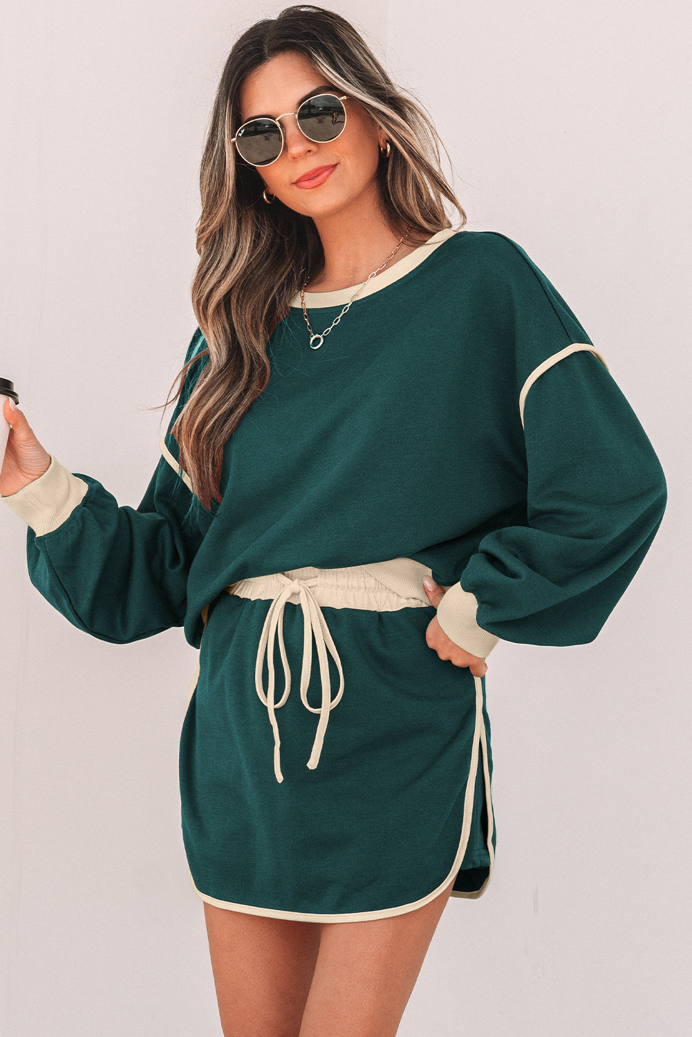 Shop Colour Contrast Loose Pullover & Lace-Up Waist Skort Set S-XL at LivelyLooks
