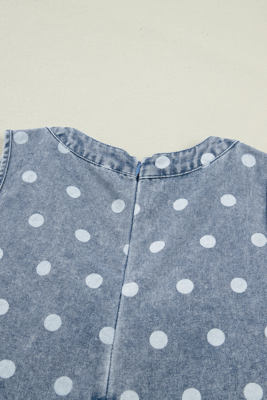 Shop Sky Blue Polka Dot Denim Romper | Tie V-Neck Pleated Loose Playsuit at LivelyLooks