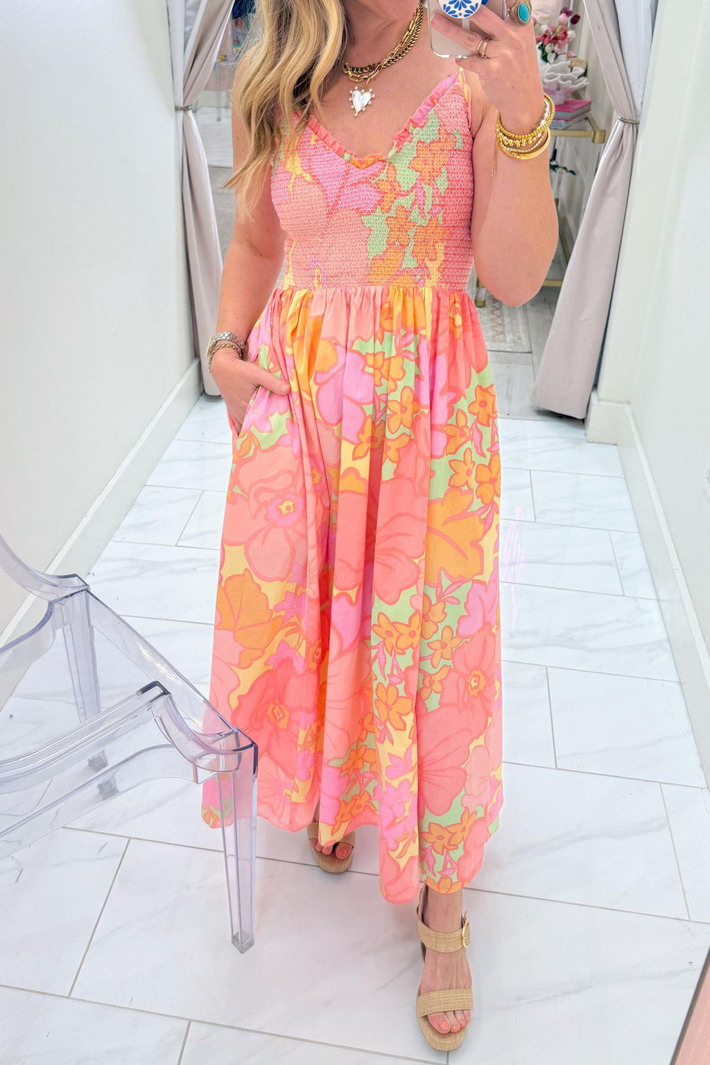 Pink Spaghetti Strap Floral Shirred High Waist Midi Dress S-XL