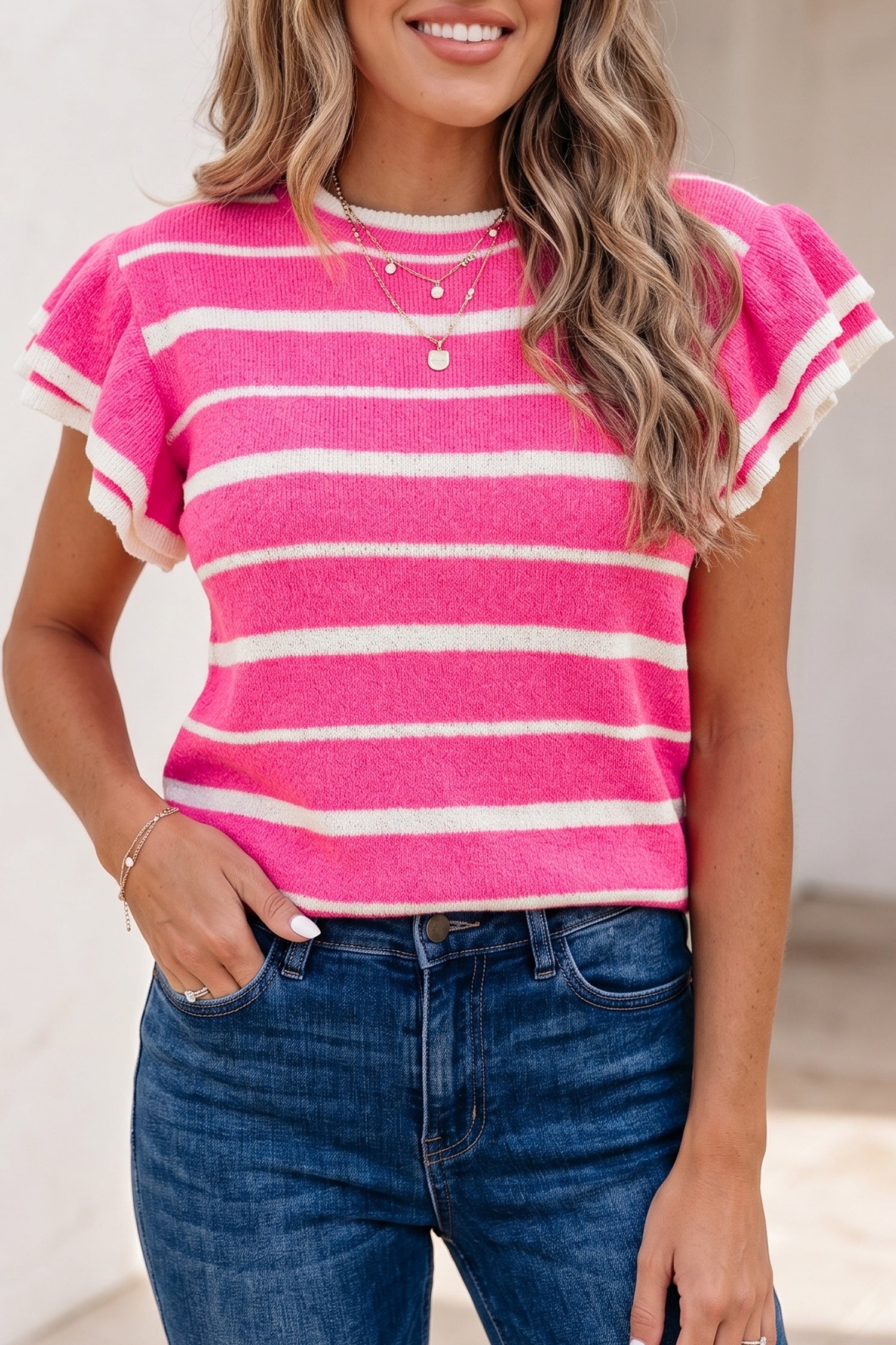 Rose Stripe Ruffle Sleeve Knit Top Short Sleeve Sweater