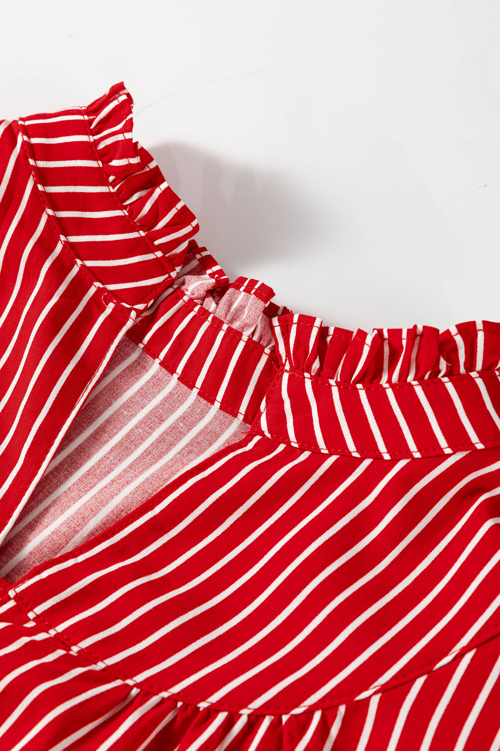 Red Stripe Ruffled Blouse Short Puff Sleeve Button Front Gathered Collar S-XL