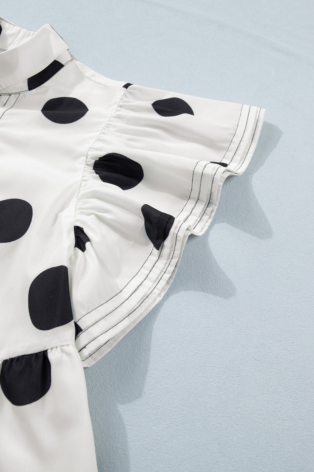 White Polka Dot Half Button Ruffled Short Sleeve Loose Mini Dress S-XL