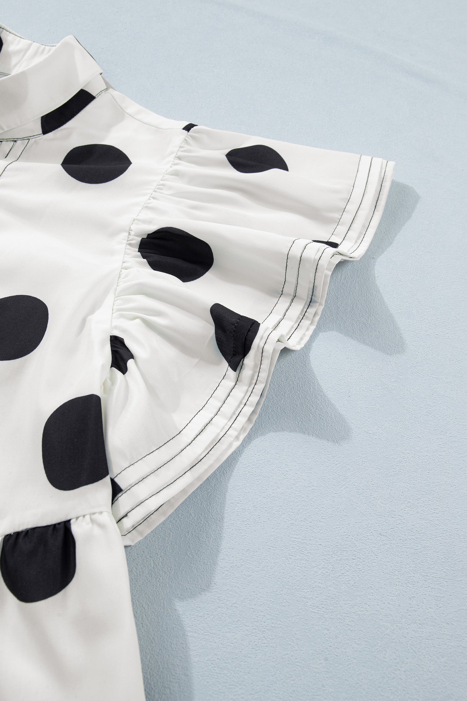 White Polka Dot Half Button Ruffled Short Sleeve Loose Mini Dress S-XL