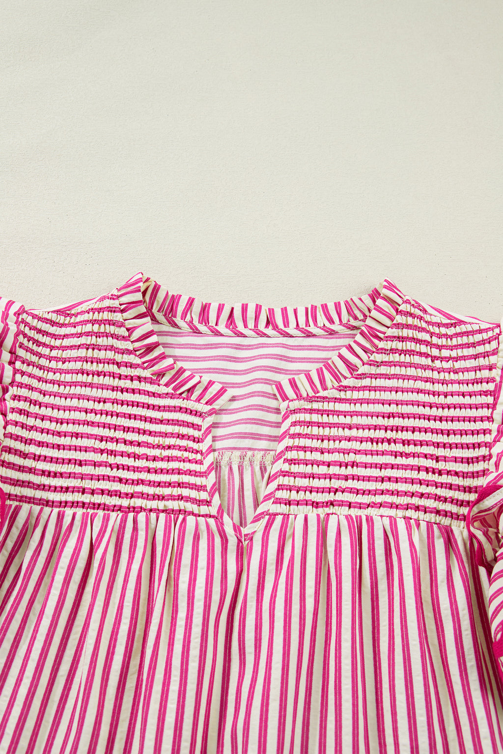 Women's Rose Stripe Shirred Yoke Ruffled Short Sleeve Blouse at LivelyLooks