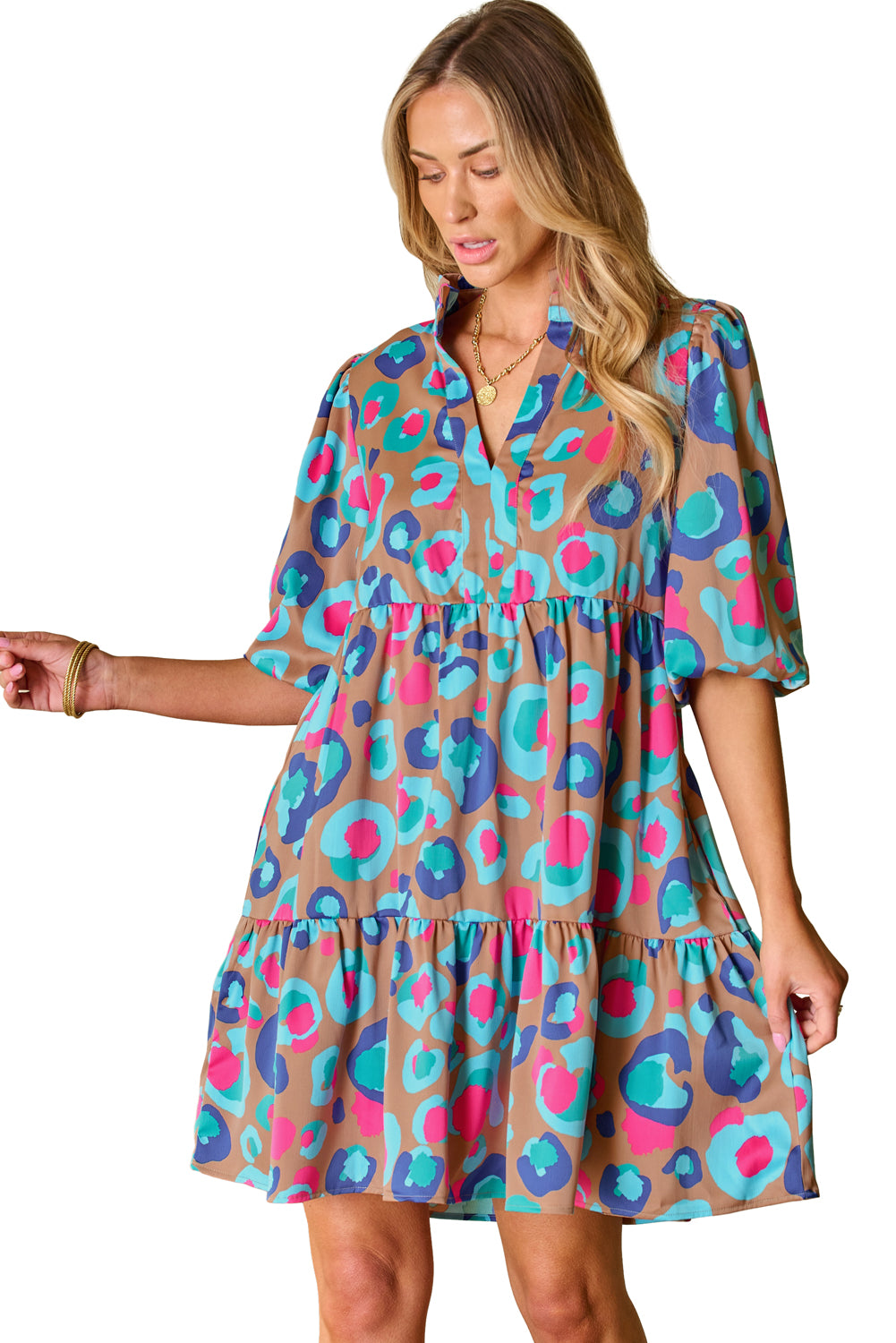 Women's Green Leopard Print Bubble Sleeve Slit Neck Ruffled Mini Dress at LivelyLooks