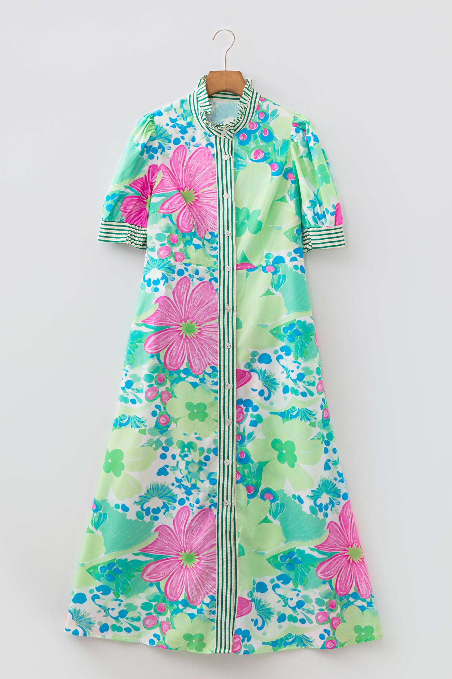 Floral Print Striped Trim Button Down Short Sleeve Vacation Dress | Green & Pink | UK 8–18