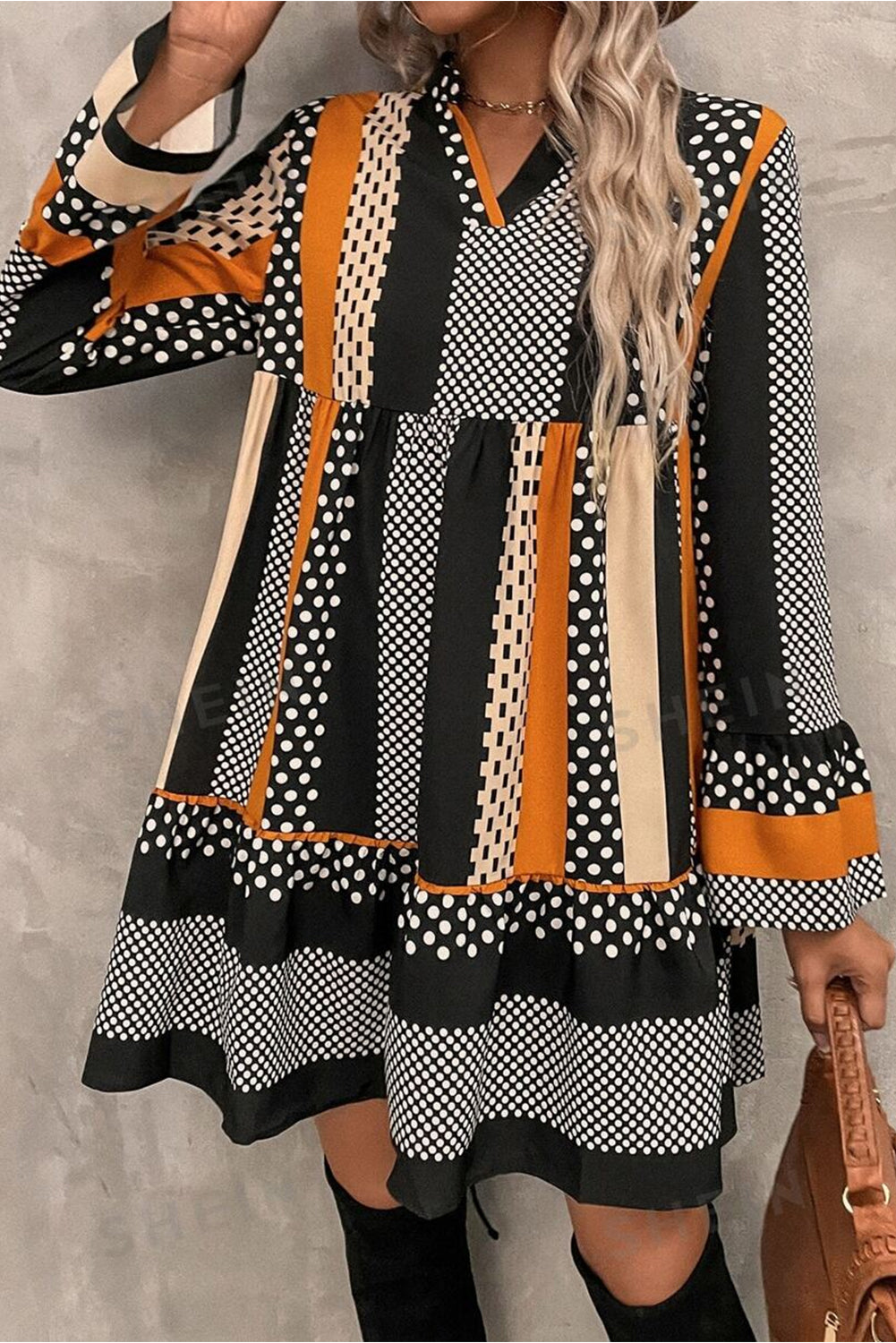 Black Striped Polka Dot Print Ruffle Hem V Neck Mini Dress S-XL