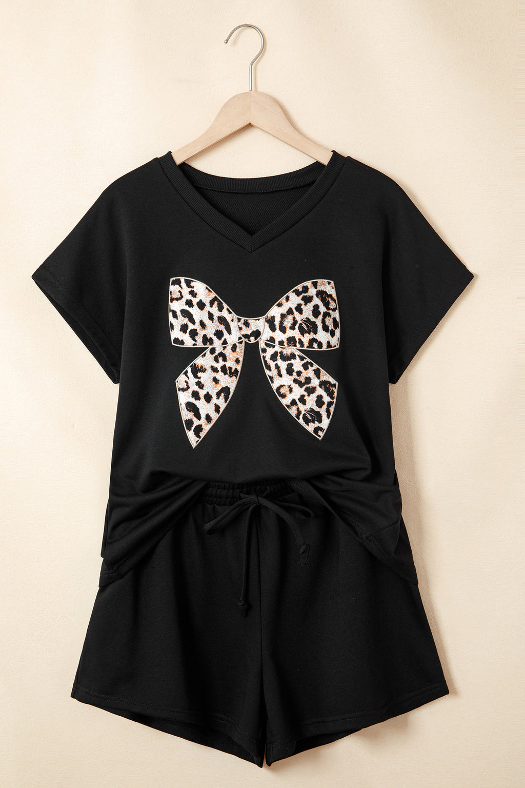 Shop White Black Leopard Bow V Neck Tee & Drawstring Shorts Set 2pcs S-XL at LivelyLooks