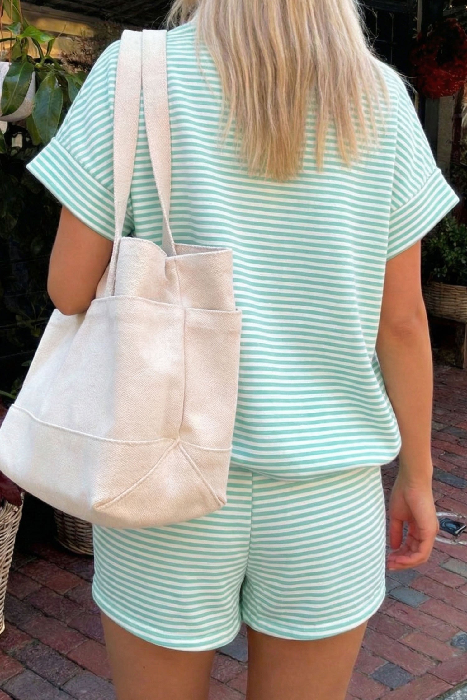Striped Cuffed Sleeve Mock Neck Tee & Shorts Co-ord | Sky Blue, Pink & Green