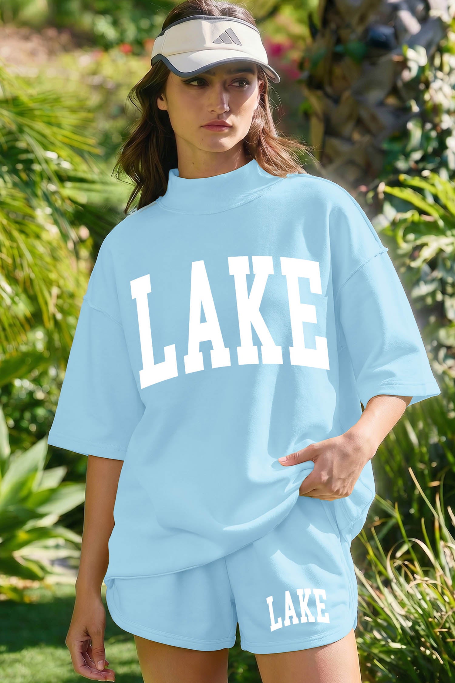 Mist Blue LAKE Print High Neck Top & Casual Shorts Set | UK 8–22