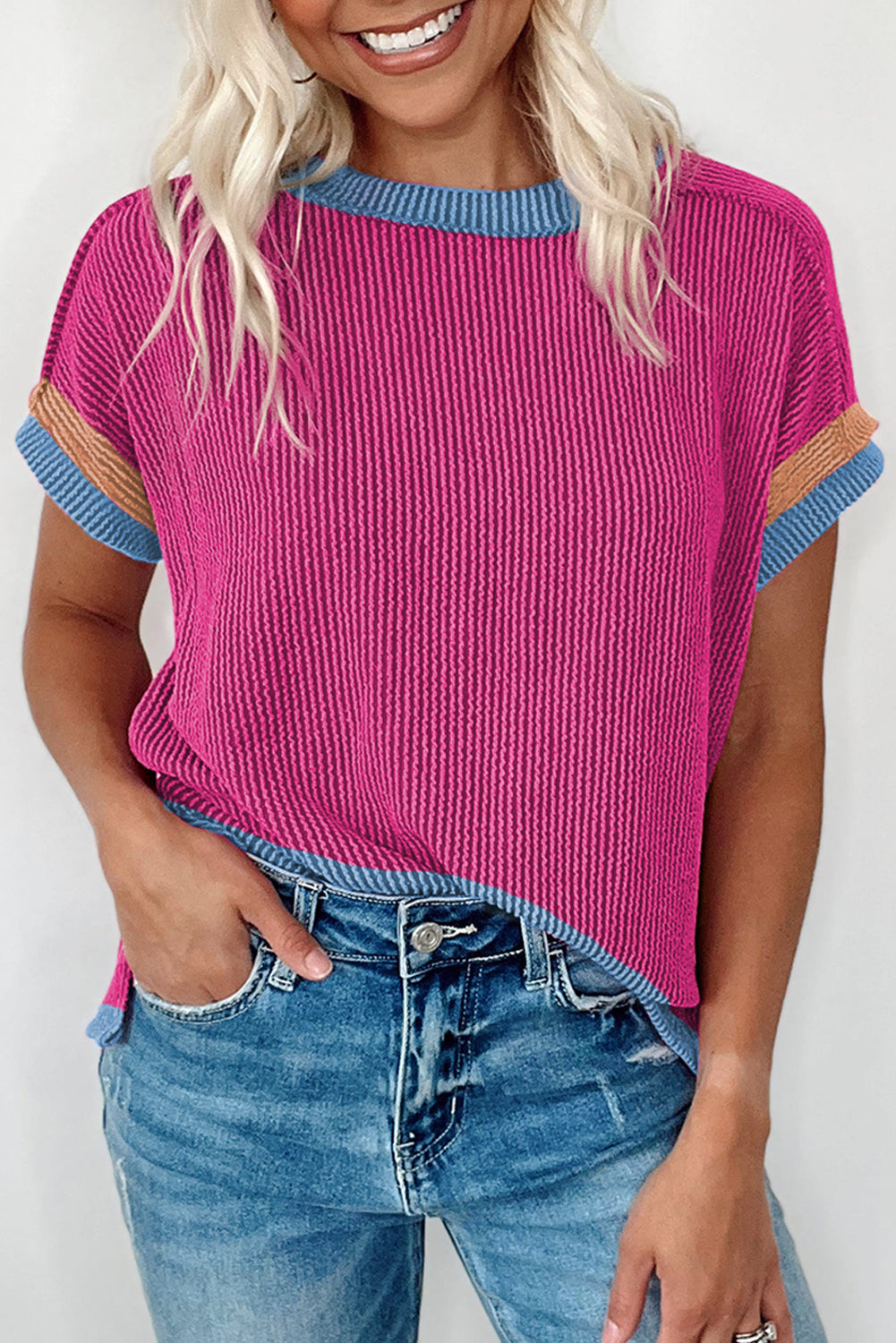 Light Pink Textured Contrast Trim Round Neck T-Shirt