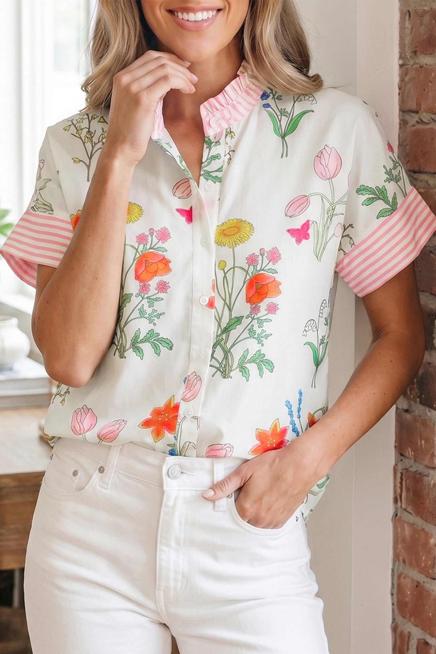 Floral Striped Ruffled Collar Shirt Short Sleeve Beige Sky Blue UK 8-22