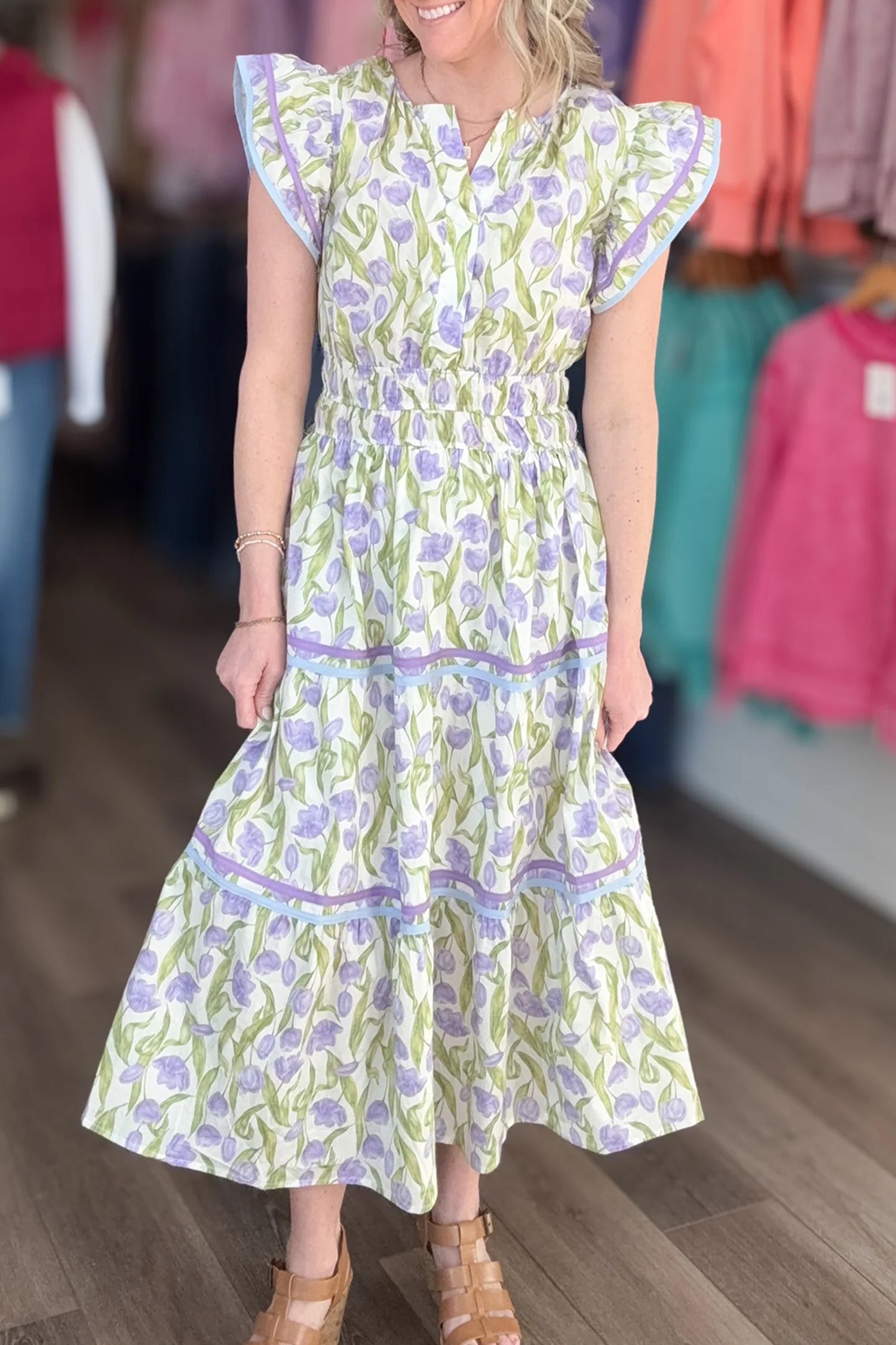 Purple Tulip Floral Print Contrast Trim Flutter Sleeve Midi Dress
