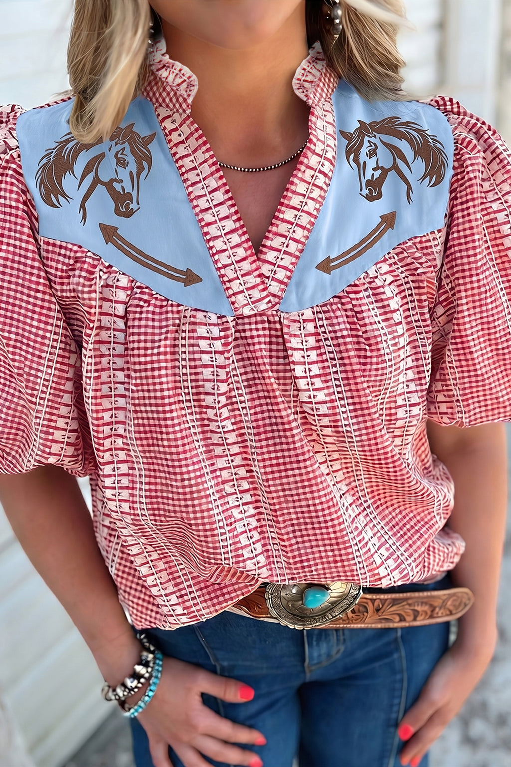 Red Brown Western Gingham Blouse Pony Embroidered Puff Sleeve S-XL