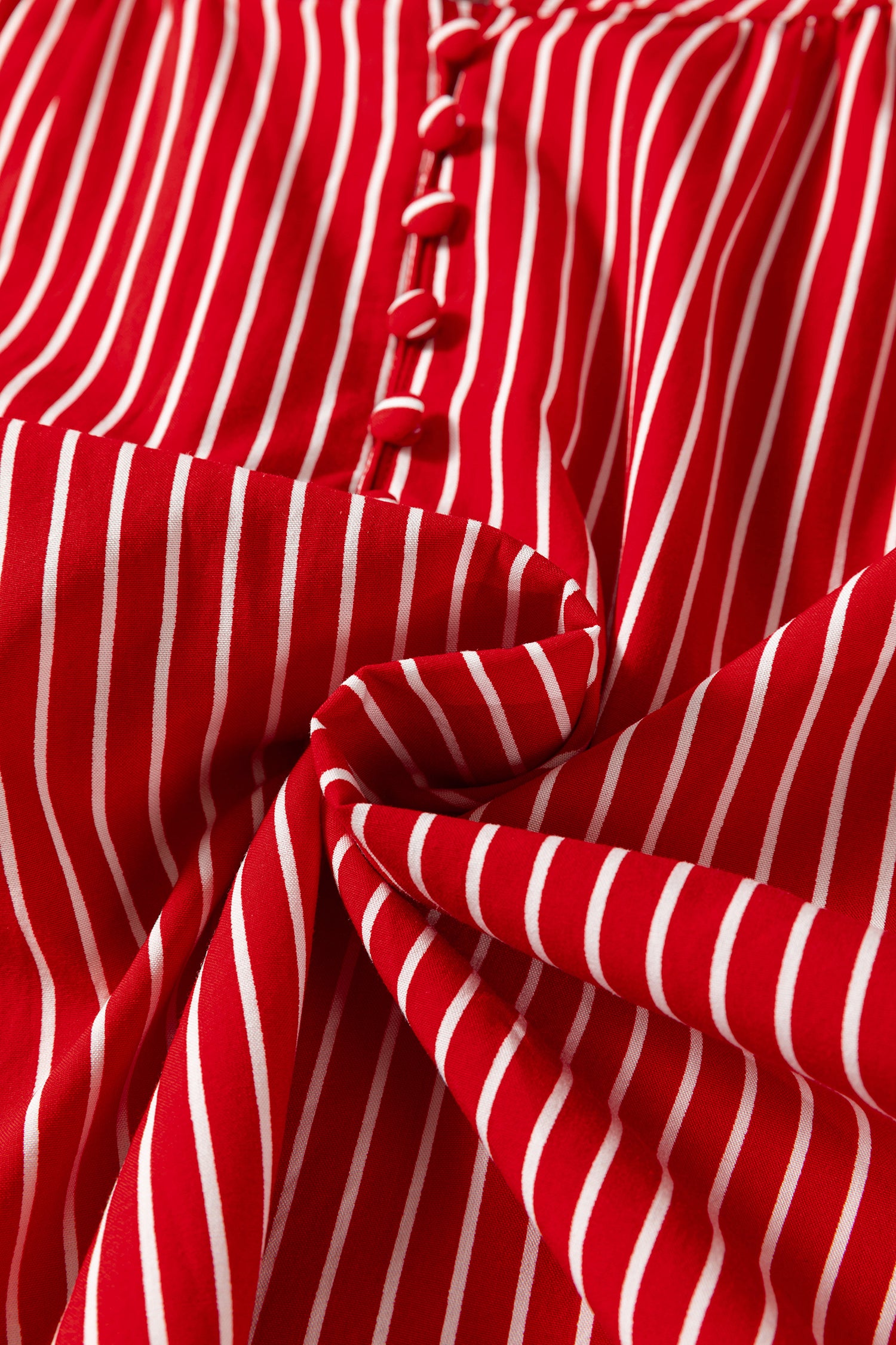 Red Stripe Ruffled Blouse Short Puff Sleeve Button Front Gathered Collar S-XL
