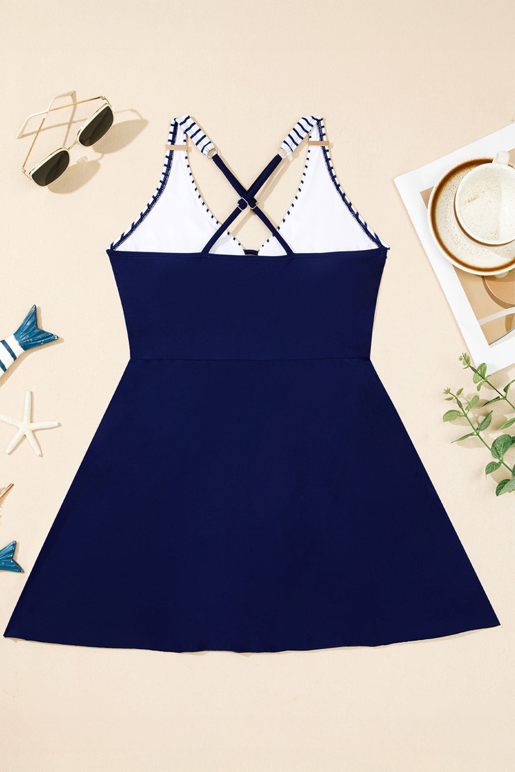 Women's Women Stripe Patchwork Crossed Straps A-Line One Piece Swim Dress Blue Navy S-2XL at LivelyLooks