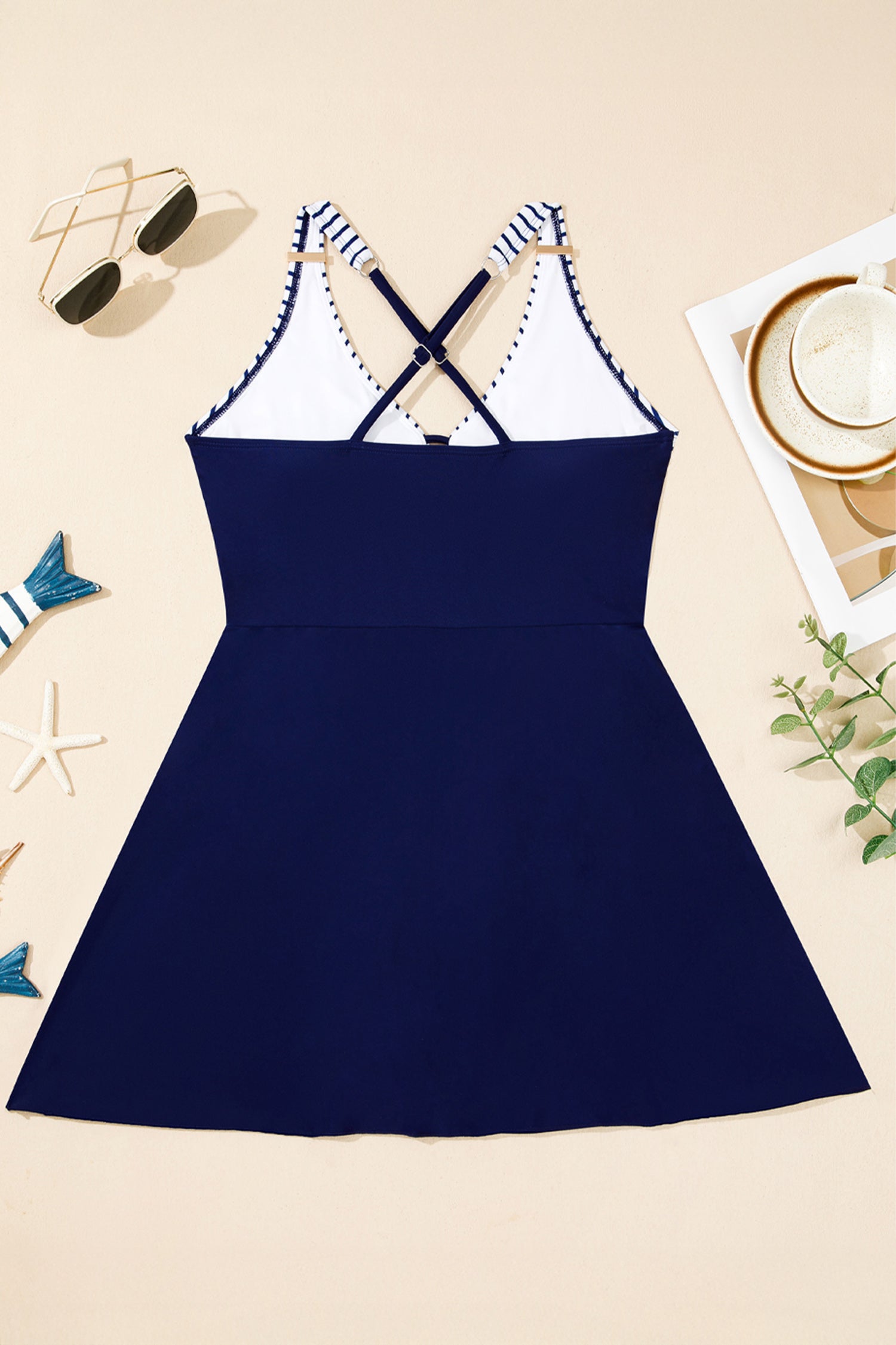 Women's Women Stripe Patchwork Crossed Straps A-Line One Piece Swim Dress Blue Navy S-2XL at LivelyLooks
