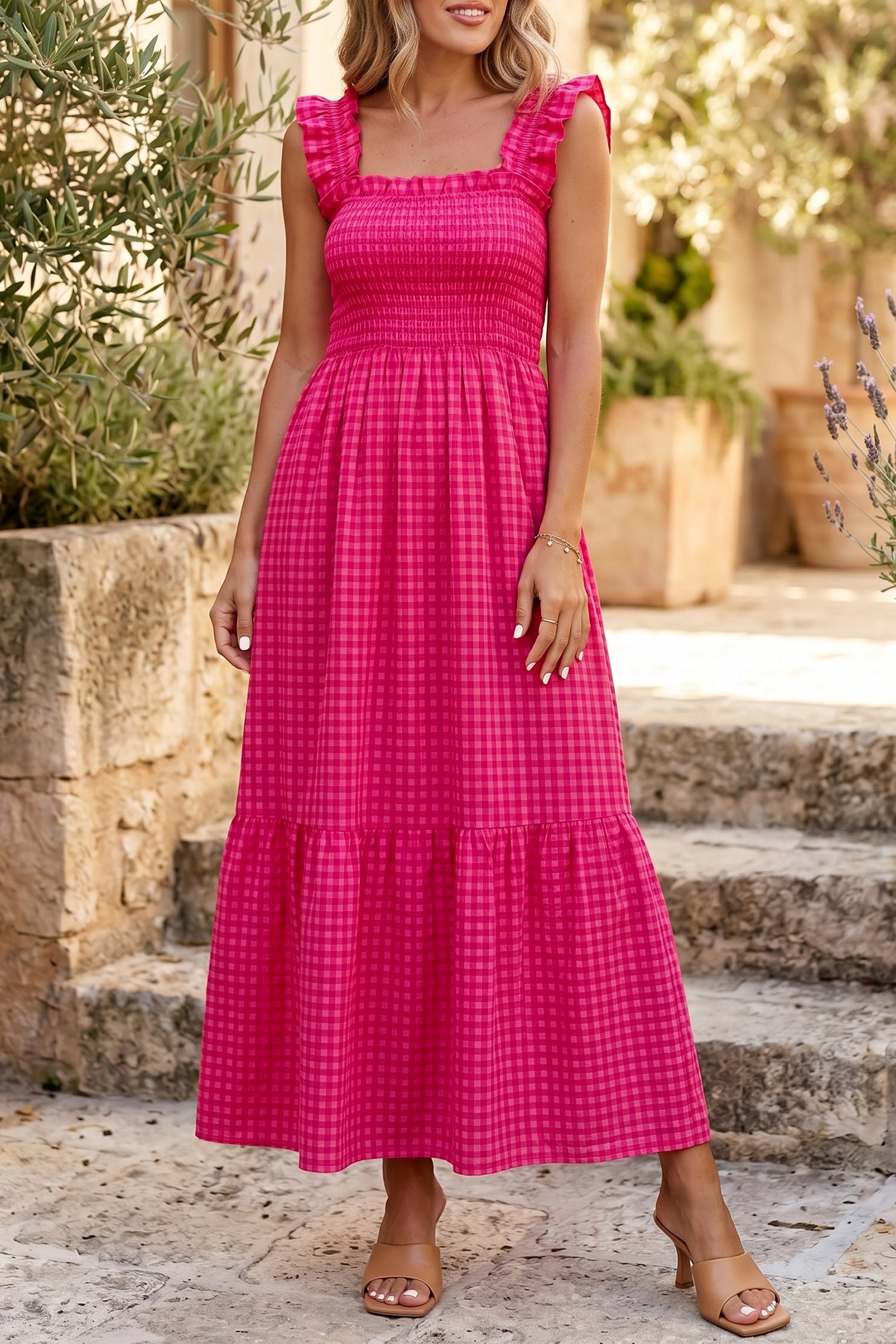 Red Plaid Fit & Flare Sundress Square Neck Vacation Women S-XL