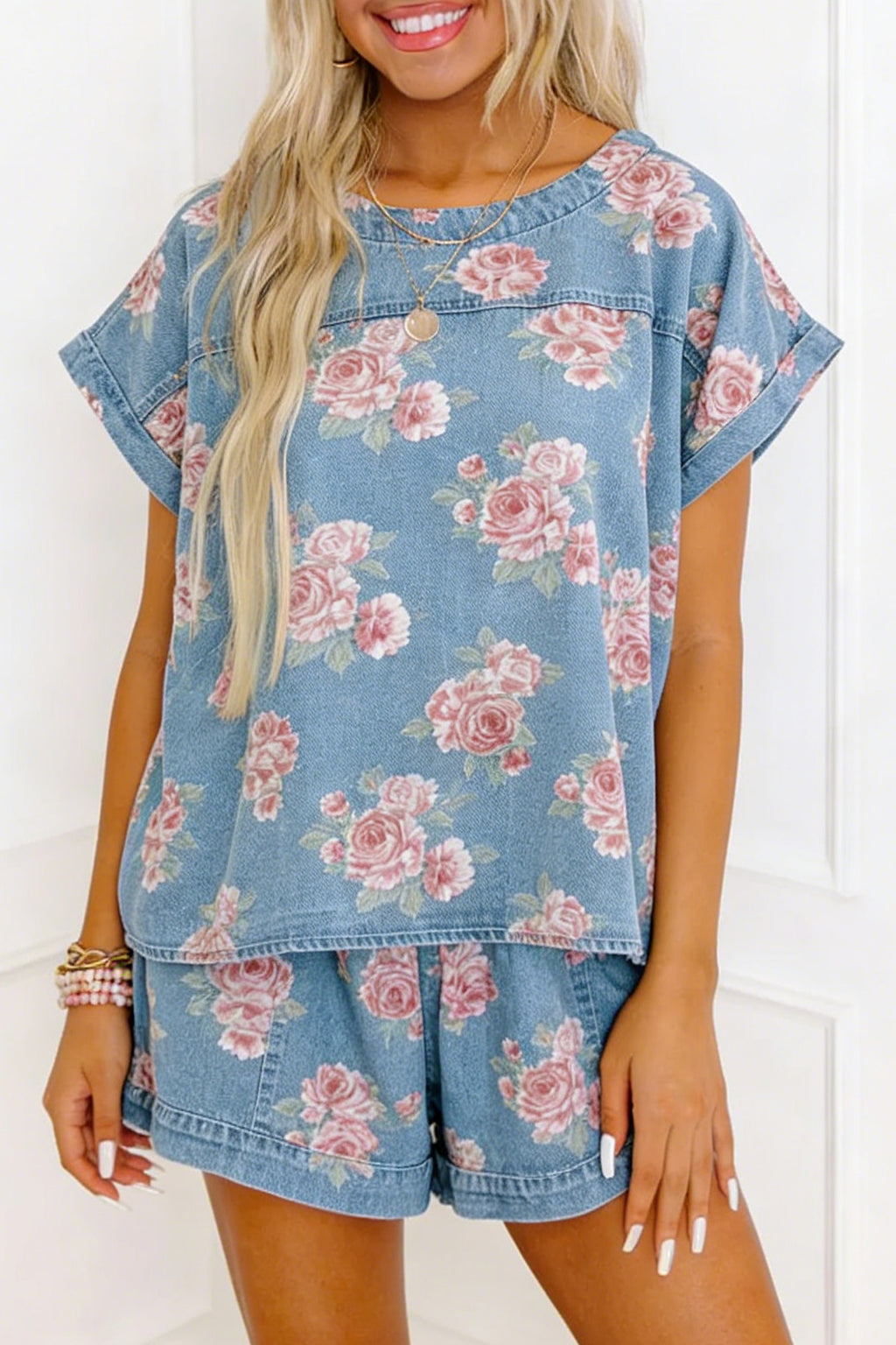 Sky Blue Floral Denim Short Sleeve Top & Loose Shorts 2pcs Set