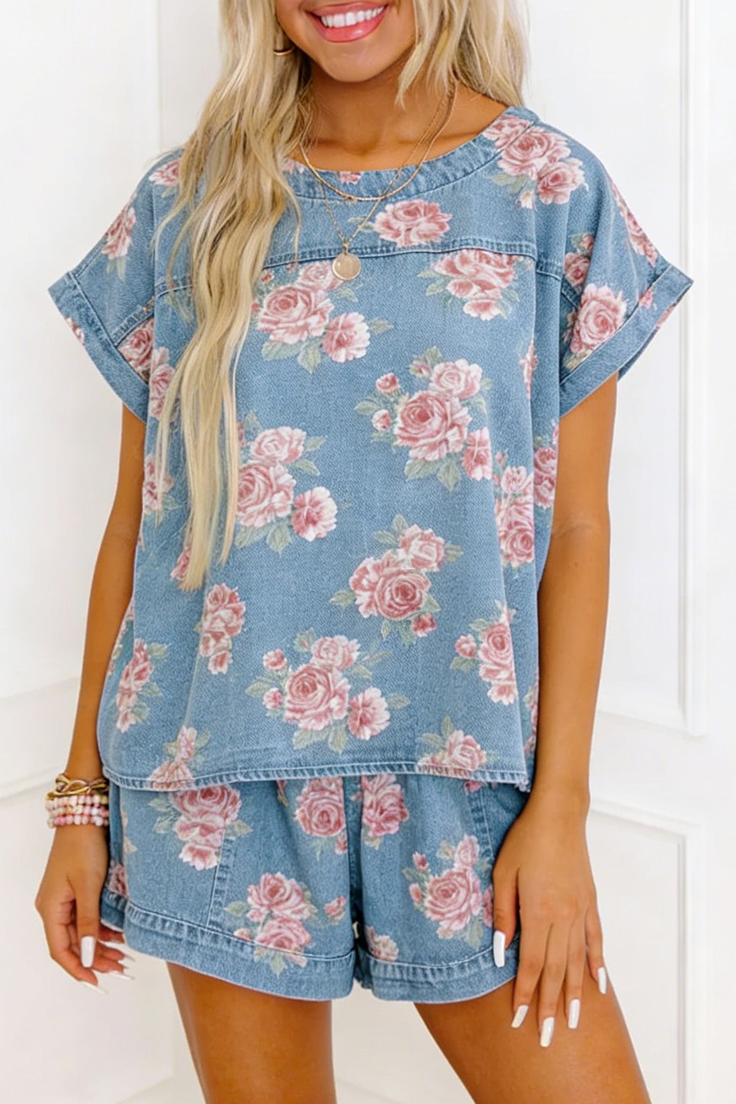 Sky Blue Floral Denim Short Sleeve Top & Loose Shorts 2pcs Set
