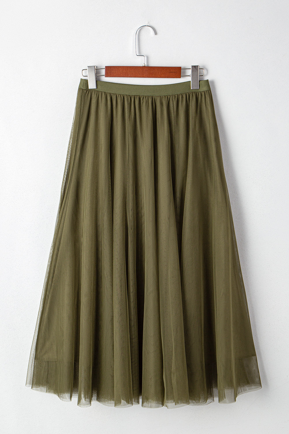Women's Women's Tulle Flared Midi Skirt Layered Mesh Overlay Green Beige S-XL at LivelyLooks