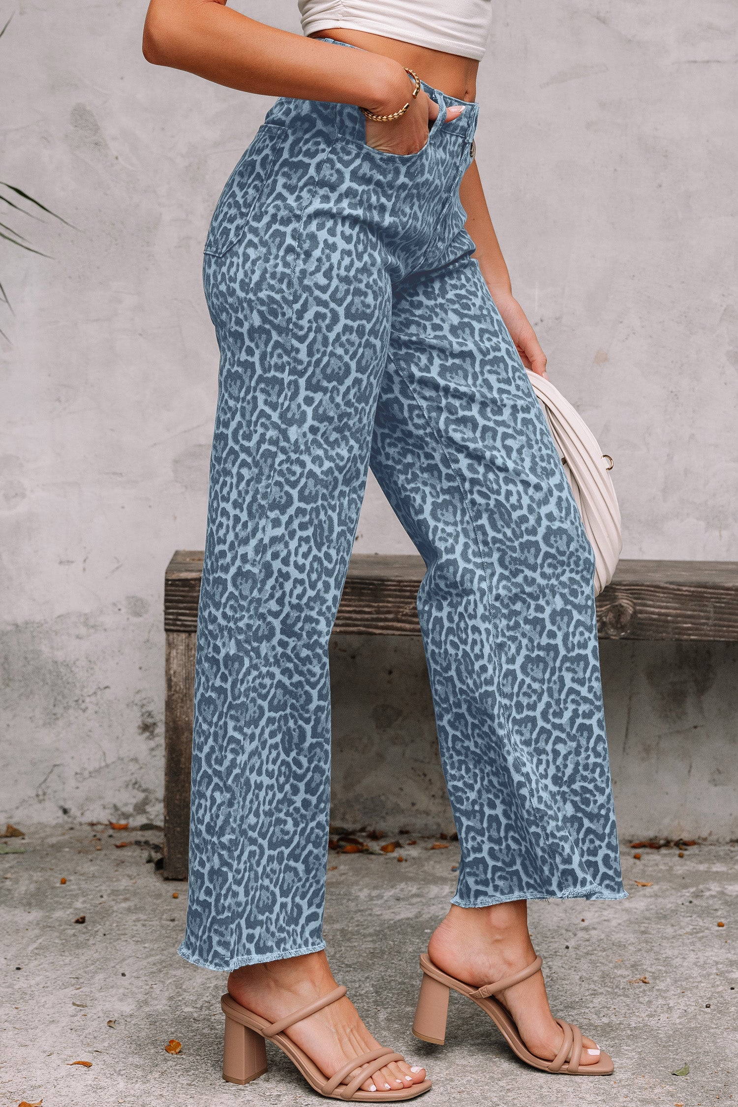 Women's Leopard Print Wide Leg High Waist Jeans | Brown, Grey, Blue & Pink at LivelyLooks