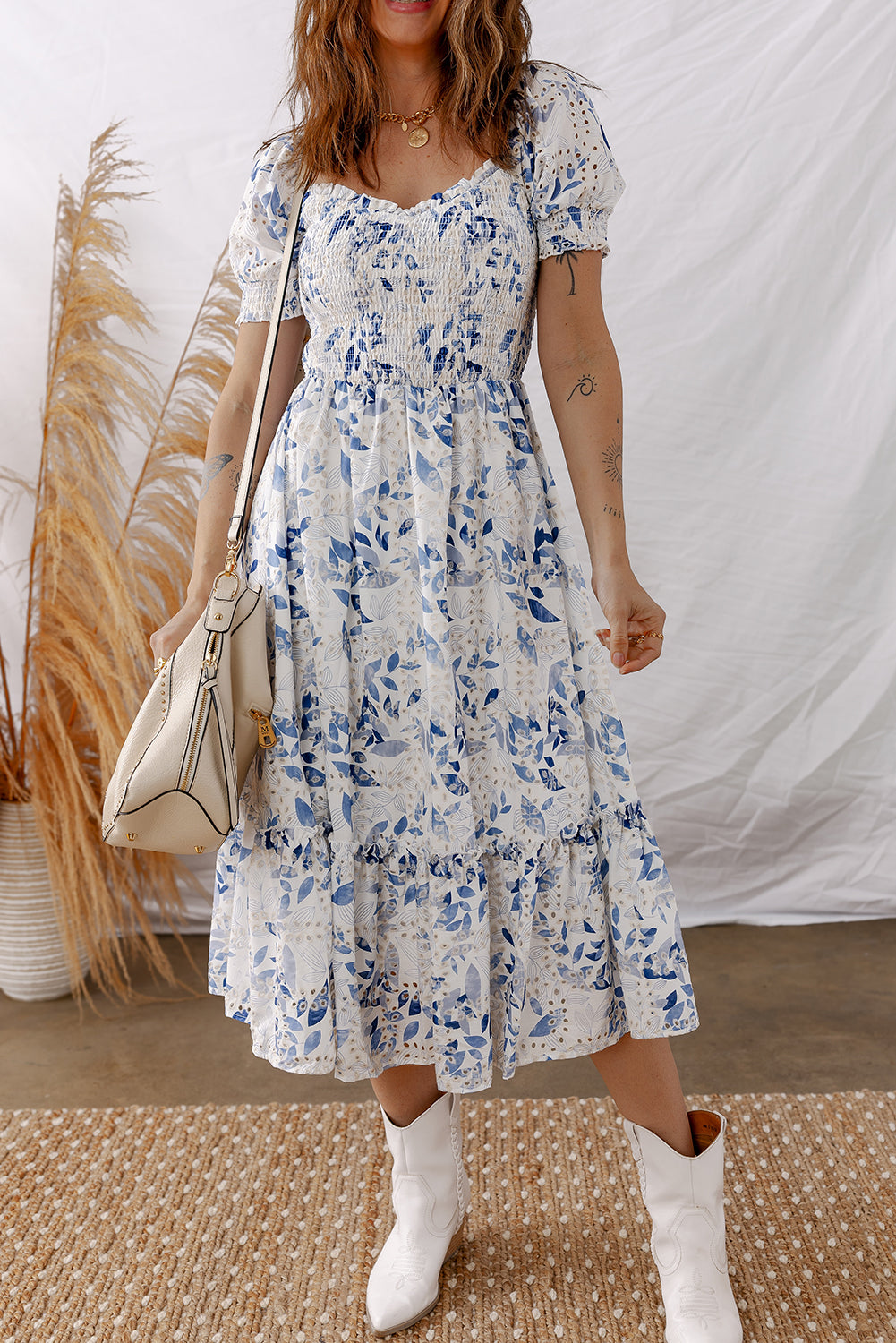 Sky Blue Floral Midi Dress Smocked Bodice Short Puff Sleeve Tiered Women S-XL