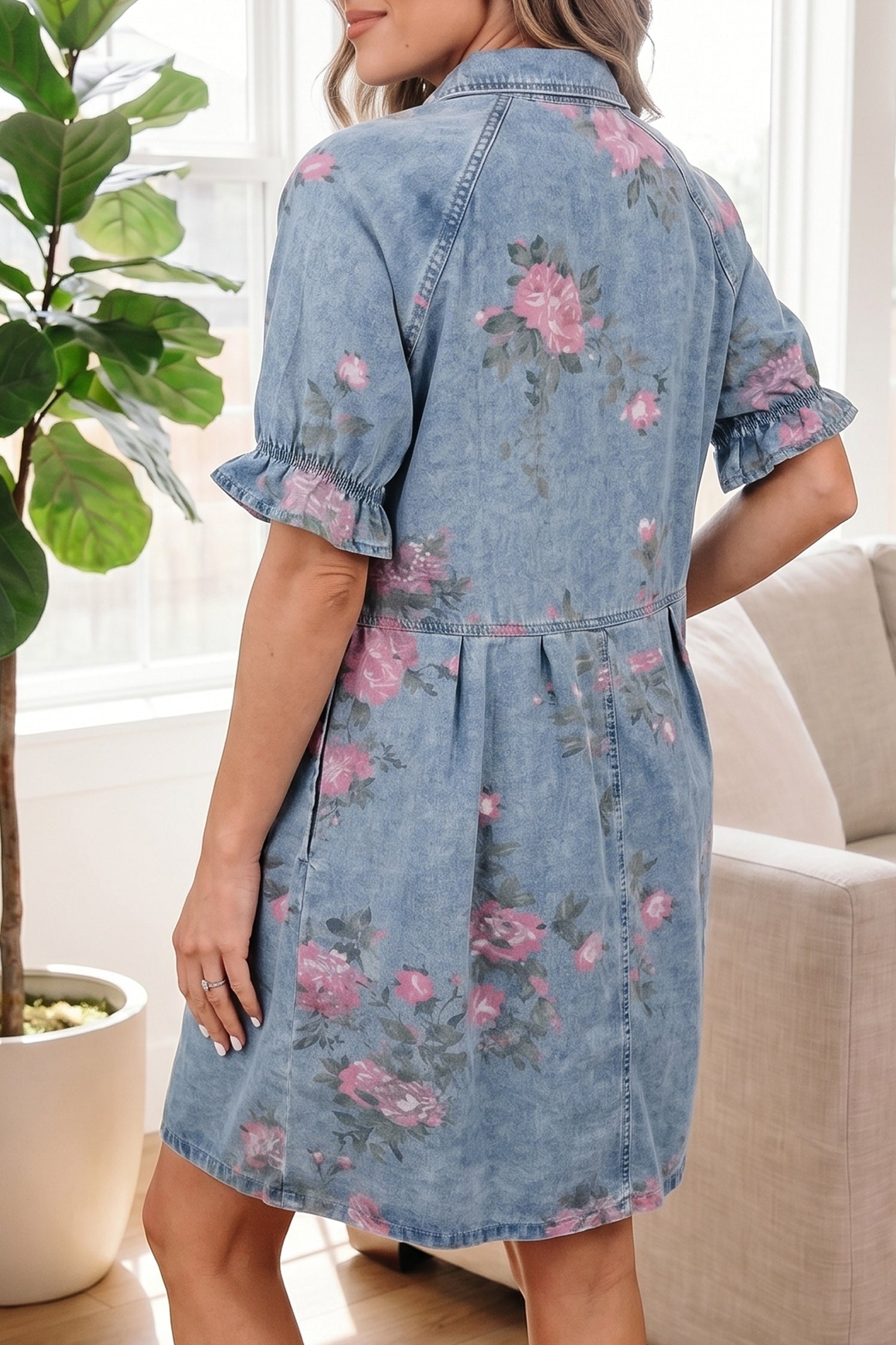 Sky Blue Floral Denim Dress Short Sleeve Button Down Colour Block Collar S-XL