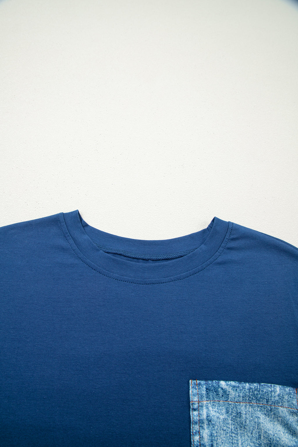 LivelyLooks Sail Blue Colour Block Chest Pocket Casual Short Sleeve Top women's fashion