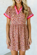 Shop Khaki Leopard High Waist Ruffled Colourblock Trim Short Dress Summer Mini Sundress at LivelyLooks