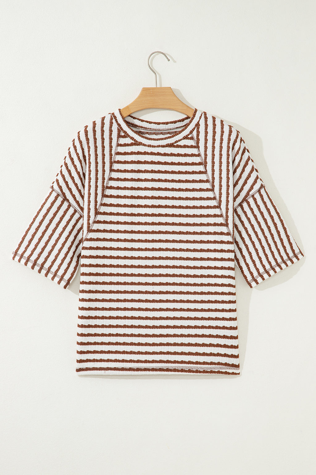 LivelyLooks Brown Stripe Textured Knit Split Hem Half Sleeve Loose Top women's fashion
