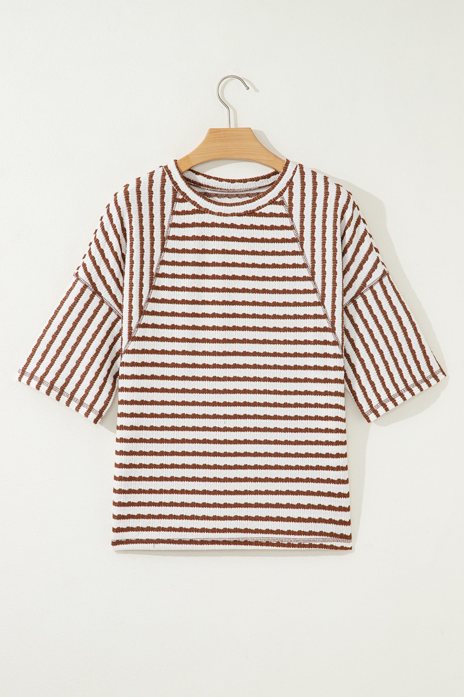 LivelyLooks Brown Stripe Textured Knit Split Hem Half Sleeve Loose Top women's fashion