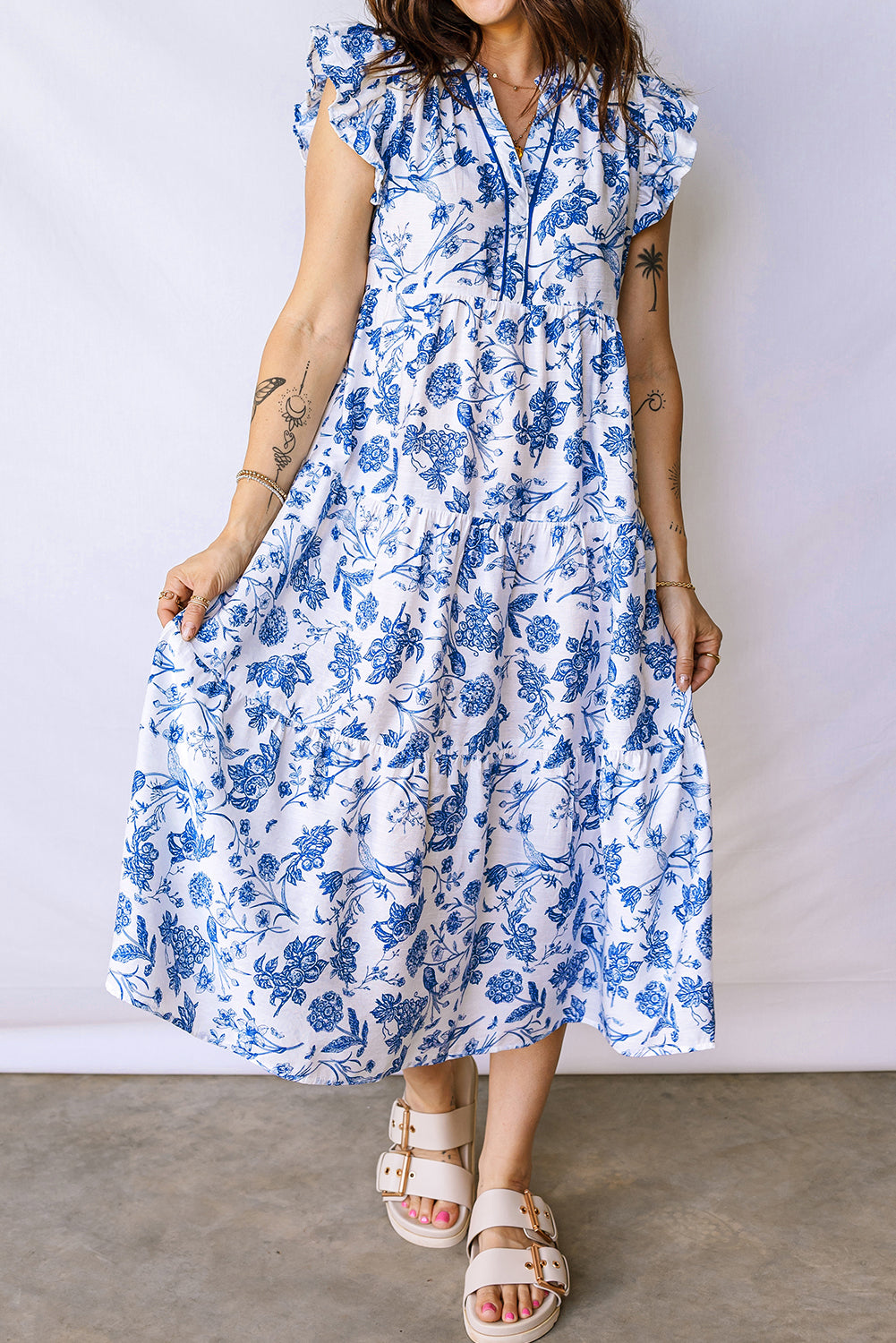 Women's Blue Ruffled Short Sleeve Tiered Floral Midi Dress at LivelyLooks