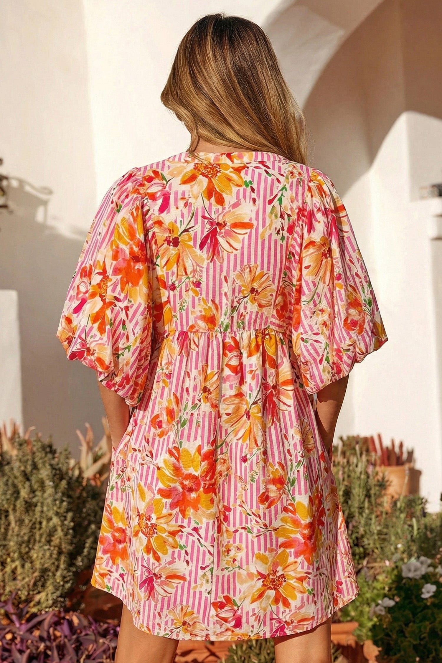 Pink Striped Floral Tie Neck Puff Sleeve Loose Mini Dress S-XL