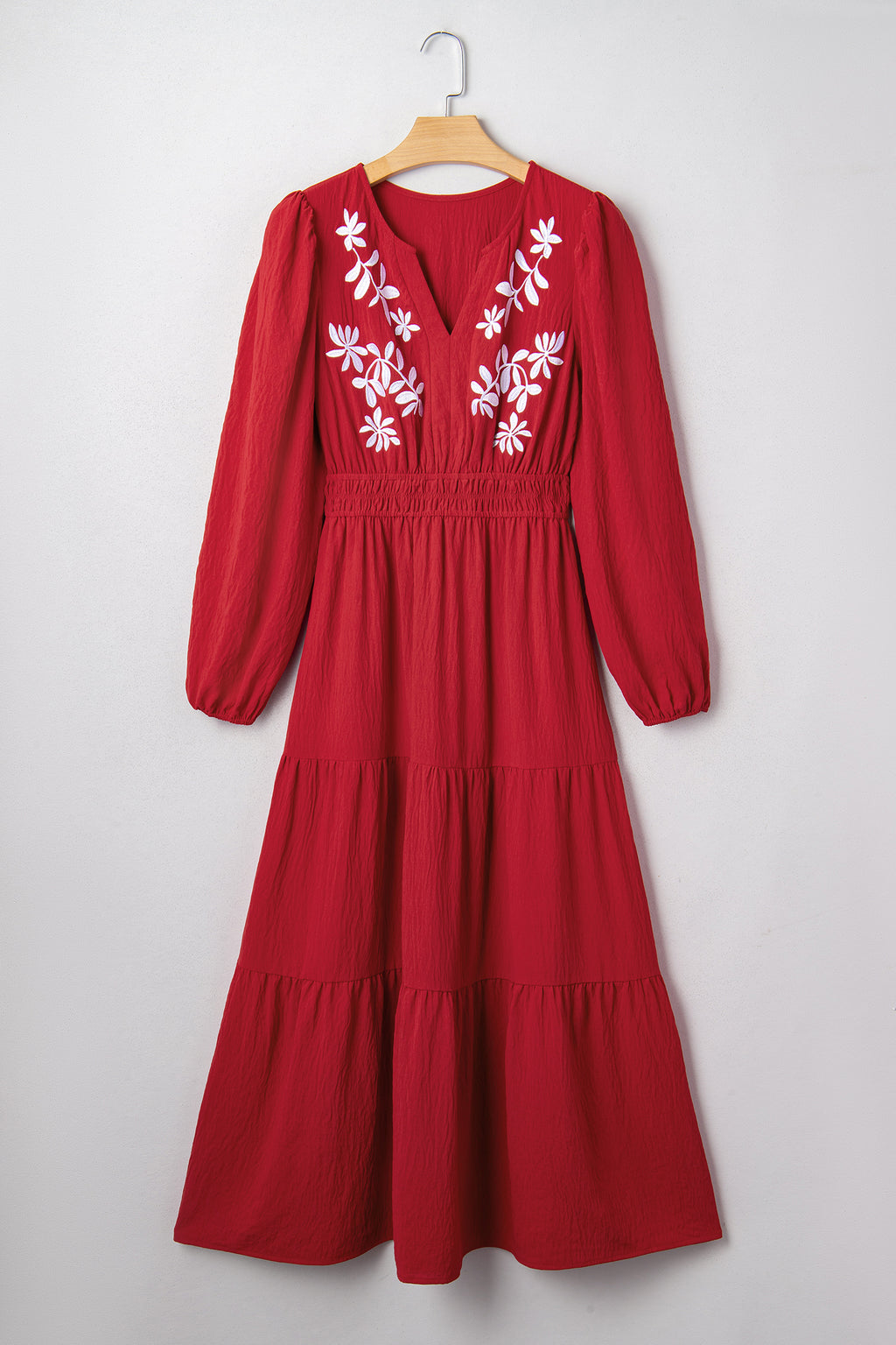 Racing Red Embroidered Cinched Waist Tiered Long Sleeve Maxi Dress S-XL