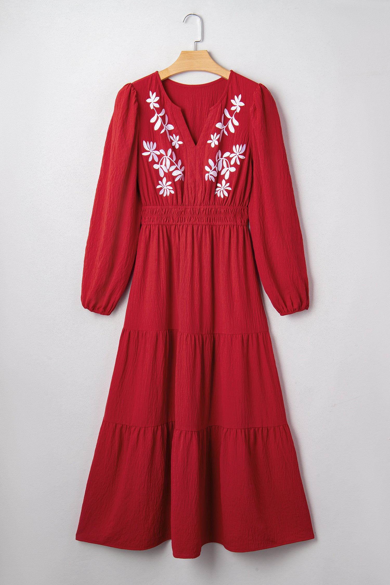 Racing Red Embroidered Cinched Waist Tiered Long Sleeve Maxi Dress S-XL