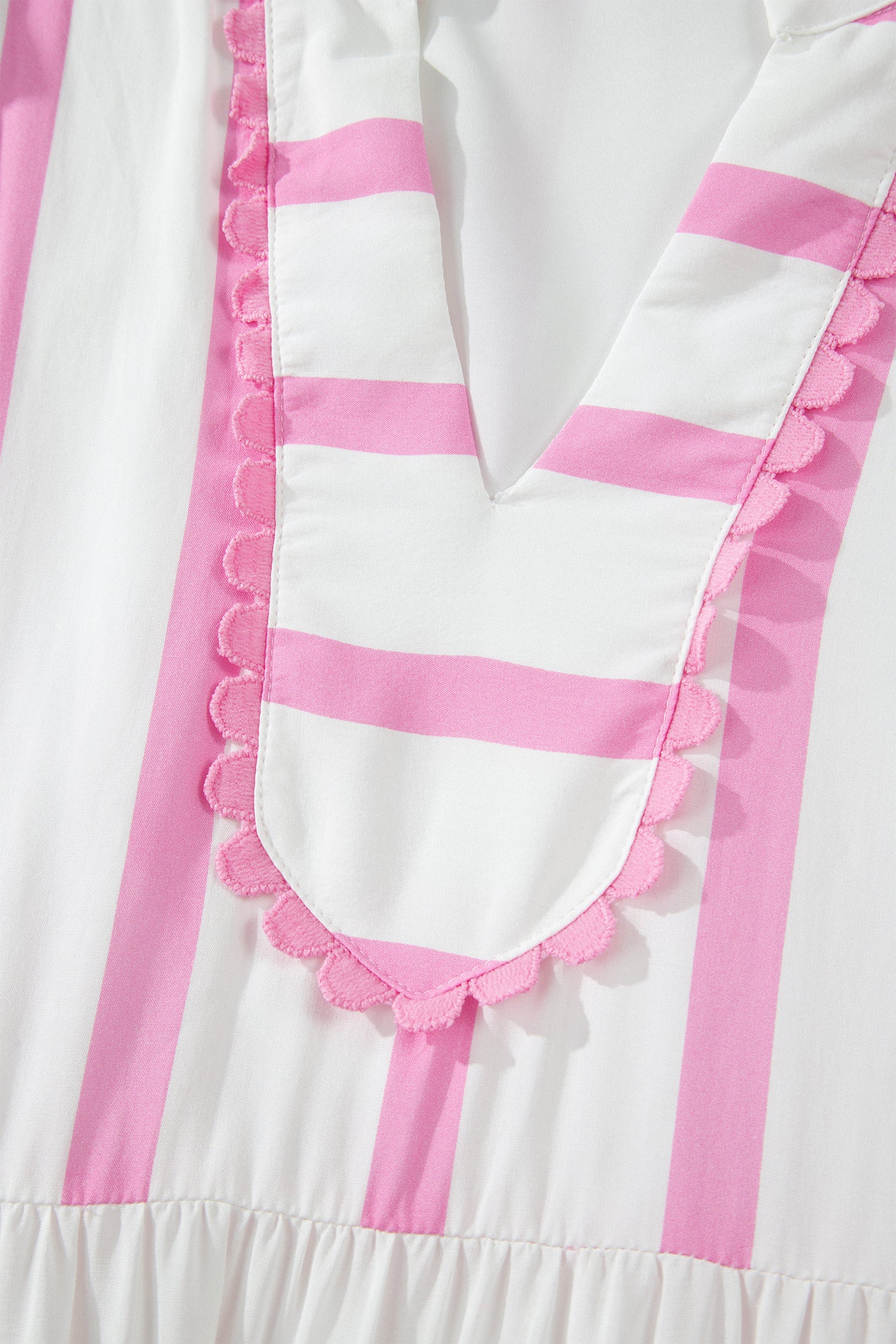 Shop Women's Stripe Ricrac Trim Notched V-Neck Puff Sleeve Midi Dress Pink at LivelyLooks