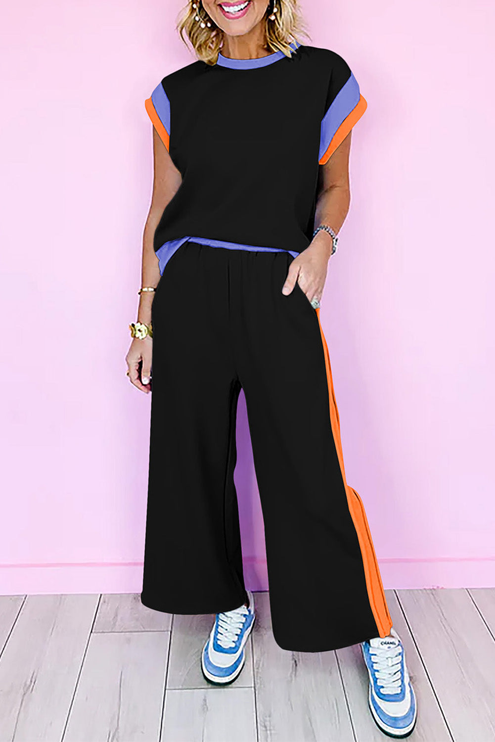 Colour Block Cap Sleeve Tee & Crop Wide Leg Trousers Set | 8 Colours