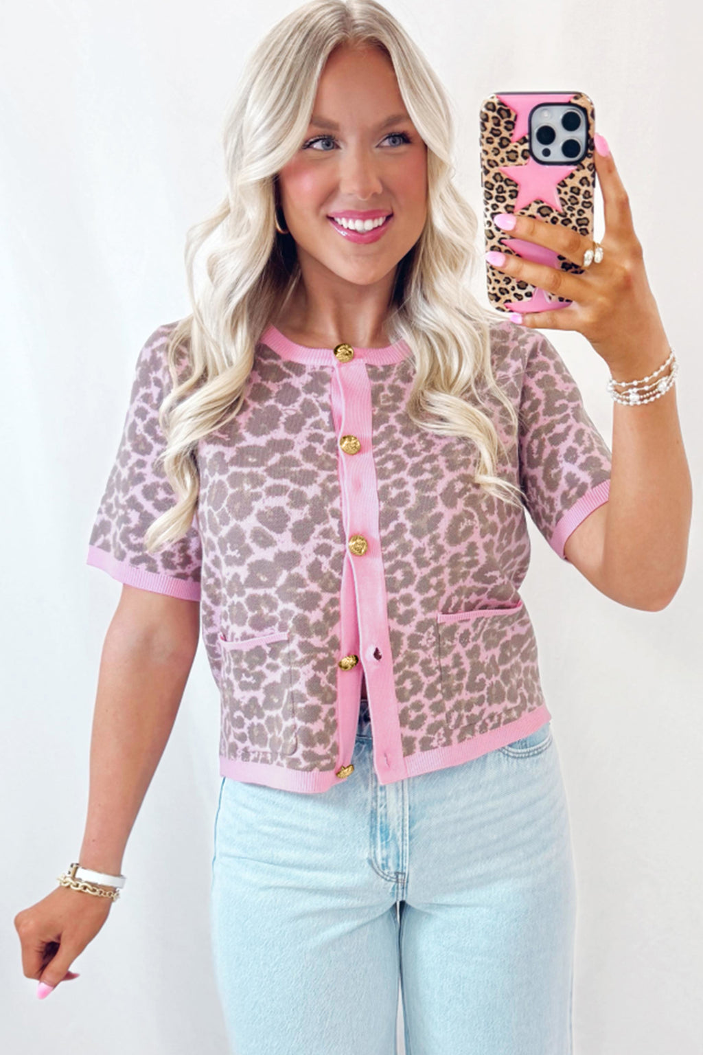 Pink Leopard Print Sweater Cardigan Button Down Short Sleeve Women S-XL