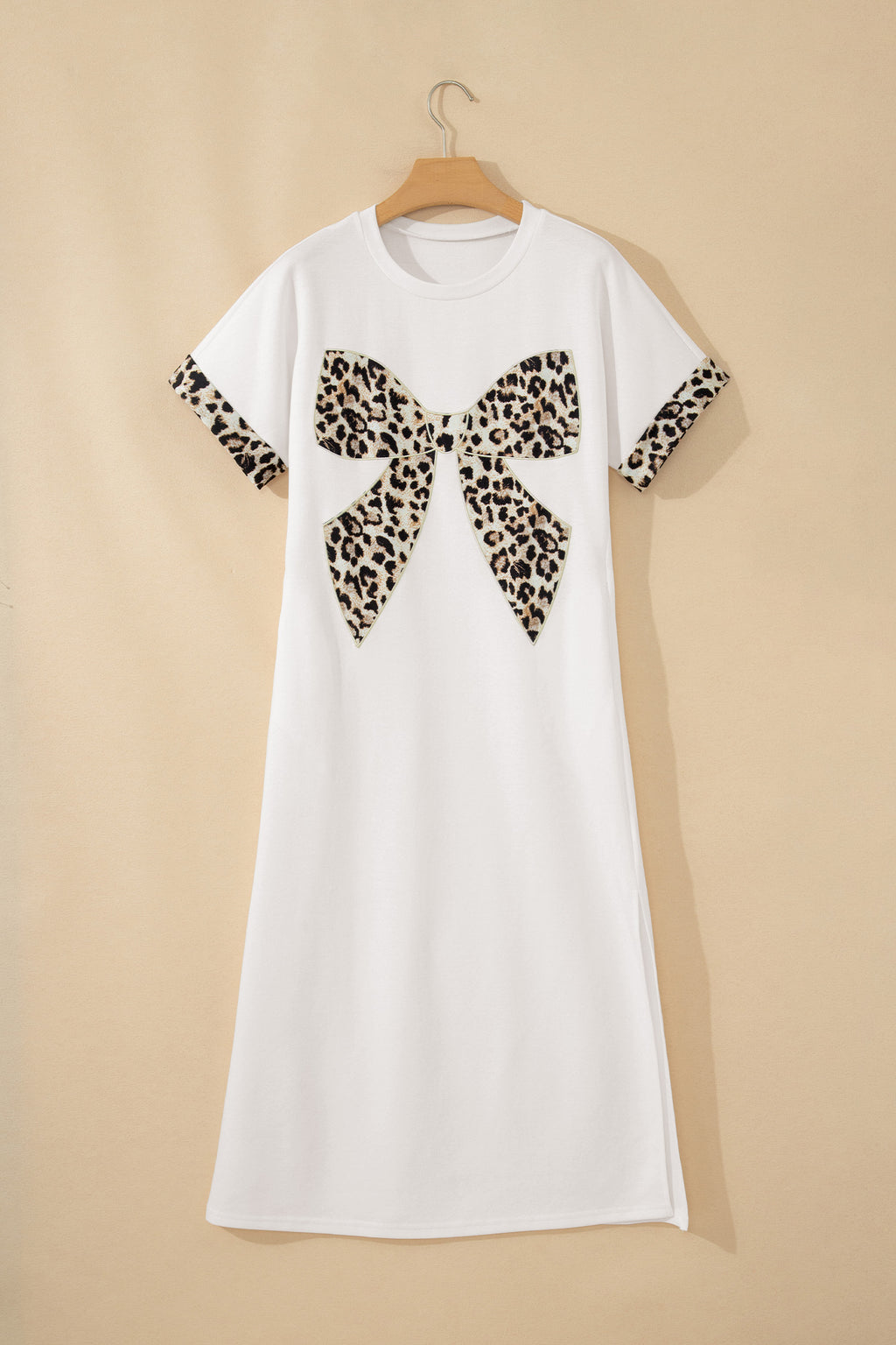 Women's White Grey Leopard Bow T-Shirt Maxi Dress Thigh Slit Cuffed UK 8-22 at LivelyLooks